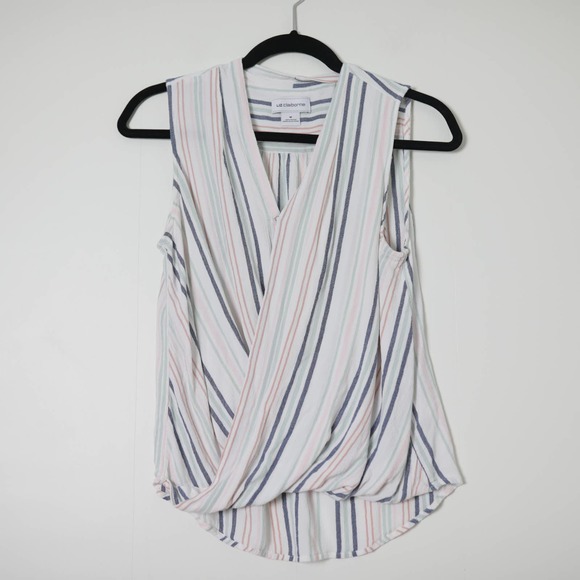 Liz Claiborne Tops - Liz Claiborne Faux Wrap Crossfront Pastel Stripe Blouse